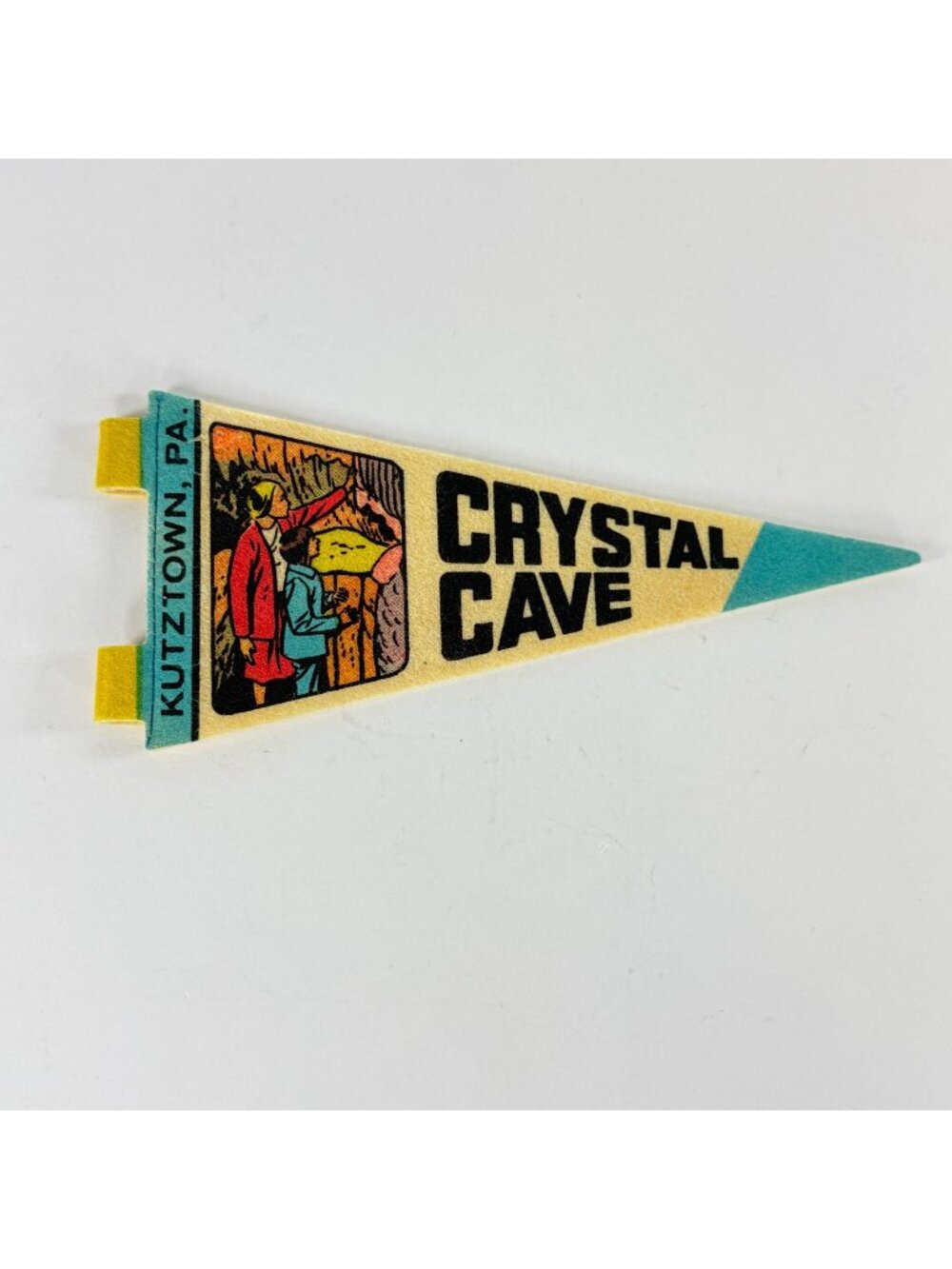 Vintage Kutztown PA Crystal Cave Felt Pennant W/ Retro Illustration Yellow Teal
